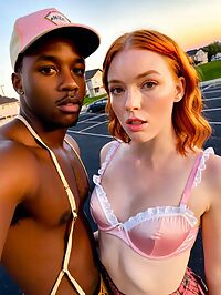 Two models in compromising positions amidst the squalor of a low income housing parking lot at sunset